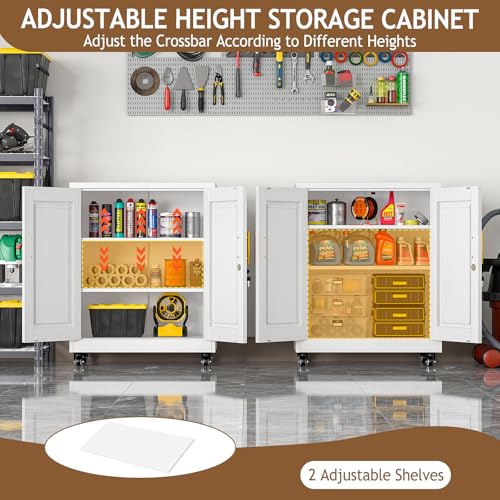 Image of 35 inch Lockable Rolling Metal Storage Cabinet, Steel Office File Cabinet | Garage Cabinet with Wheels & 2 Adjustable Shelves, Freestanding Tool Cabinet for Home, Office & Garage Storage, White