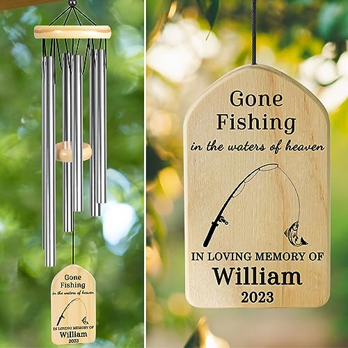 Eremovd Memorial Wind Chimes - Gone Fishing in Heaven Memorial Gifts - Sympathy Gift for Loss of Father, Husband, Brother, Fisherman, Papa, Grandpa - in Memory of Fishing Lover