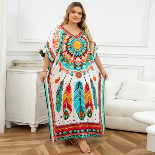 Image of KECVOT Kaftan Dresses for Women V-Neck Print Swimsuit Cover Up Plus Size Beach Caftan Lounge Dress