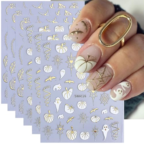 Halloween Pumpkin Ghost Nail Art Stickers Fall Maple Leaf Nail Decals 6PCS Golden Fall Leaf Bat Spider Web Ghost 3D Self-Adhesive Nail Design Stickers for Women Holiday Manicure Nail Art Decorations
