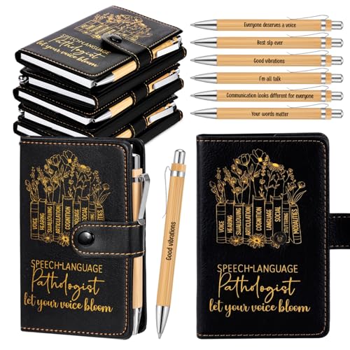 TaoBary 6 Sets SLP Appreciation Week Appreciation Gift Speech Language Pathologist Black A6 Leather Notebook Journal with Pens Gift for Assistant School Therapist Teacher Supplies (SLP Classic)