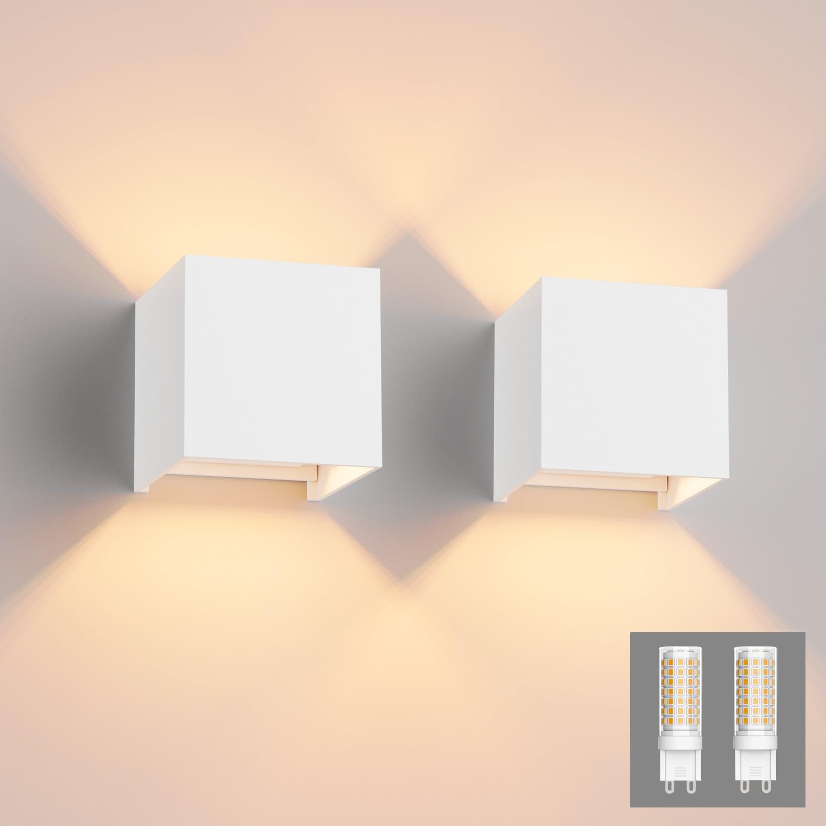 Klighten 2PCS Wandleuchte mit Austauschbarer G9 LED Birne 3000K, Weiß | Wasserdicht IP54, Wandlampe Innen/Aussen, Up Down Design, Aluminium Aussenlampe für Garten, Wohnzimmer