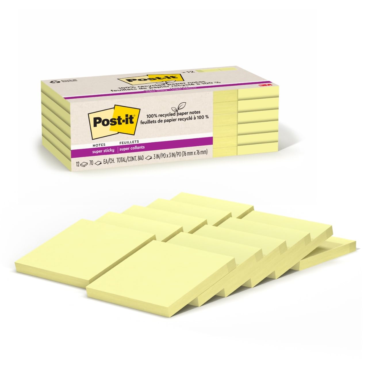 Post-it 100% Recycled Paper Super Sticky Notes, 2X The Sticking Power, 3x3 in, 12 Pads/Pack, 70 Sheets/Pad, Canary Yellow(654R-12SSCY)