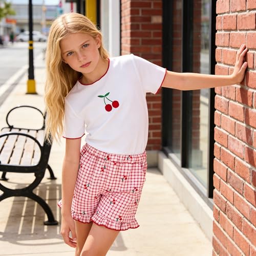 Image of Yoxindax Tween Girls Summer 2-Piece Outfit Set - Crew Neck Short Sleeve T-Cherry Print Shorts 7-14Y Summer Clothes