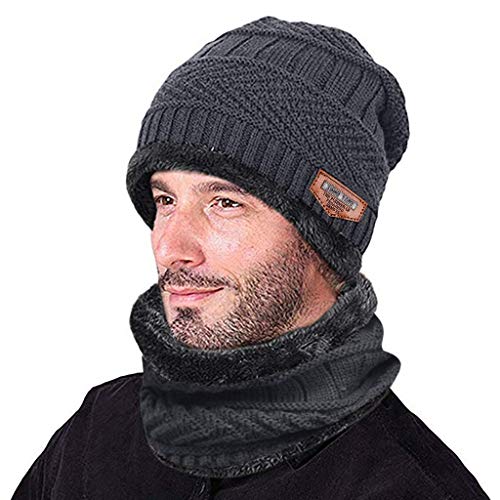 2 pièces Hiver Bonnet Chapeau Écharpe Ensemble, Tricot Chaud Doublure en Polaire Epaisse pour Femmes et Hommes Cover