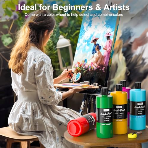 Image of Nicpro 14 Colors Large Bulk Acrylic Paint Set (33.8 oz, 1000 ml) Rich Art Painting Supplies, Non Toxic for Multi Surface Rock Canvas Wood Ceramic Leather Fabric Craft for Adult with Color Wheel