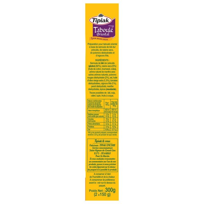 Tipiak Taboulé Orientale 300G - Préparation de semoule fine et légumes du soleil pour une salade fraîche et parfumée - Idéal pour vos repas d'été et vos - Lot De 4 - Vendu Par Lot
