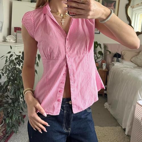 Image of Y2k Girls Vintage Coquette Button Down Shirt Women Short Sleeve V-Neck Slim Fitted T-Shirt Cute Blouse Crop Top