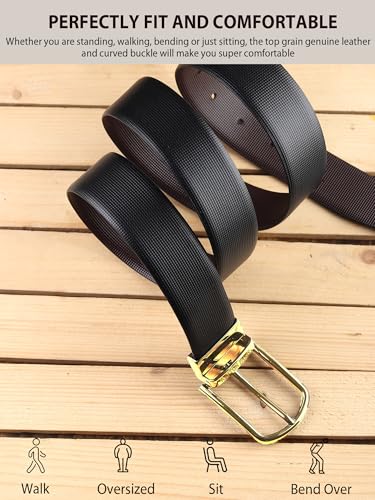 Image of Belts for Men Leather Original, Reversible Black & Brown Formal & Casual Italian Leather Belt with Attached Metal Curved Buckle