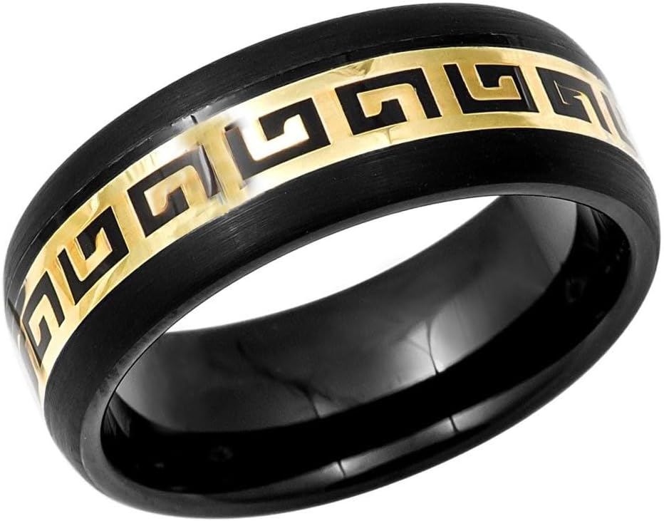 Tungsten Carbide Ring 8mm Black with Gold Greek Key Inlay – Matte Finish – Comfort Fit – Scratch-Resistant & Hypoallergenic – Men’s Wedding Band/Fashion Statement Ring- Custom Engraving.