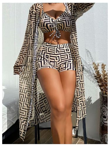 WDIRARA Women's 3 Pieces Bikini Set Geo Print Bathing Suit Drawstring Swimsuit with Cover Ups Kimono3