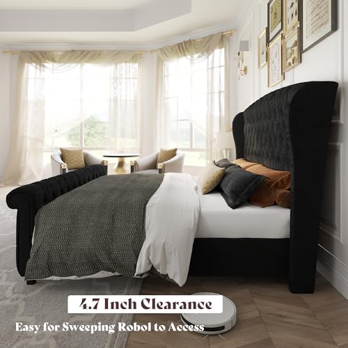 Image of AMERLIFE California King Size Platform Bed Frame, Velvet Upholstered Sleigh Bed with Scroll Wingback Headboard & Footboard /Button Tufted /No Box Spring Required /Black
