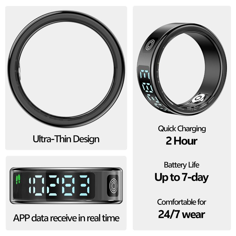 Smart Ring, Fitness Tracker with Health Metrics Tracking, 50 Sports Modes, Sleep Analysis, IP68 Titanium, 7-Day Battery(Black 8#)