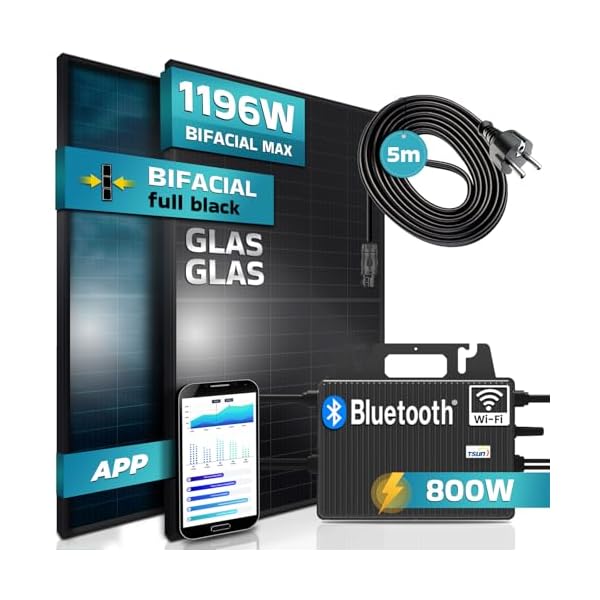 SUNNIVA Balkonkraftwerk FULL BLACK BIFACIAL GLAS-GLAS 1196W/800W Solaranlage mit 800W TSUN Micro Wechselrichter Wifi Bluetooth und Speicher, drosselbar, 2x460W Solarmodule, 5m Kabel