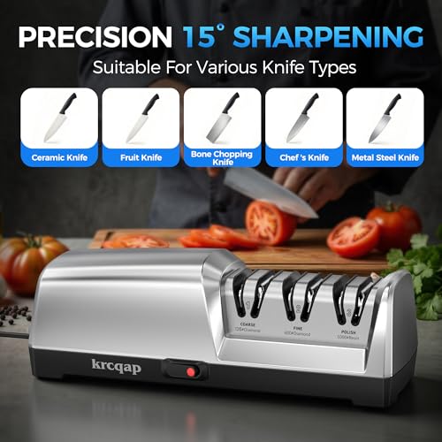 Knife Sharpener Electric for Kitchen - 3-Stage Kitchen Knife Sharpener - 15°Precision Angle Guide Knife Sharpeners - Stainless Steel Grinding Head-Portable and Useful-Fast Sharpening, Repair, Polish - Thumbnail 4