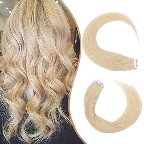 Elailite Extensiones Adhesivas Pelo Natural sin Clip 20 Piezas Tape de Cabello Humano 100% Remy Lisas 30g 40cm #613 Rubio Muy Claro Cover