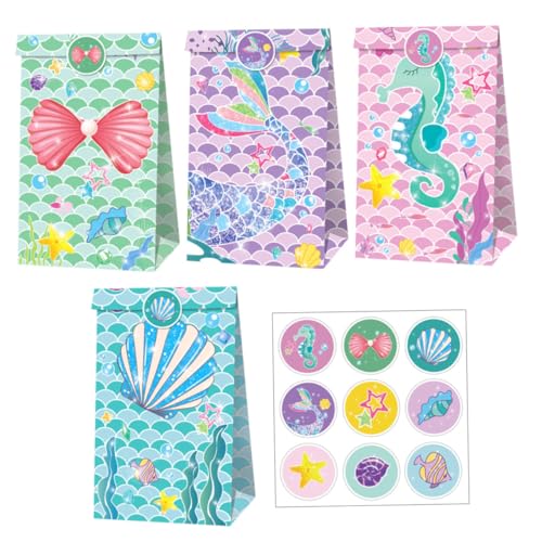 Healvian Juego de Bolsas de Obsequio para Fiesta de Sirena, Papel Kraft, 14 Piezas (4 Diseños X 3 Unidades 2 Hojas de Pegatinas), Bolsas para Snacks y Dulces, Adecuado para Cumpleaños