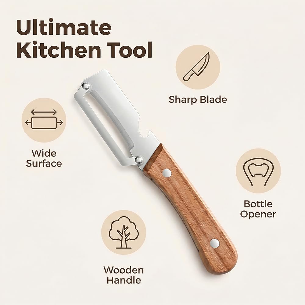 Multi-Functional Vegetable Peeler fo Kitchen: 2 in 1 Stainless Steel Peeler with Wooden Handle and Bottle Opener - Peelers for Potato Pumpkin Papaya Zucchini (2 pcs) - 4