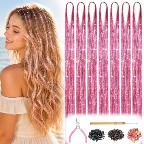 Pink Hair Tinsel Kit Glitter Tinsel Hair Extensions for Girls Women