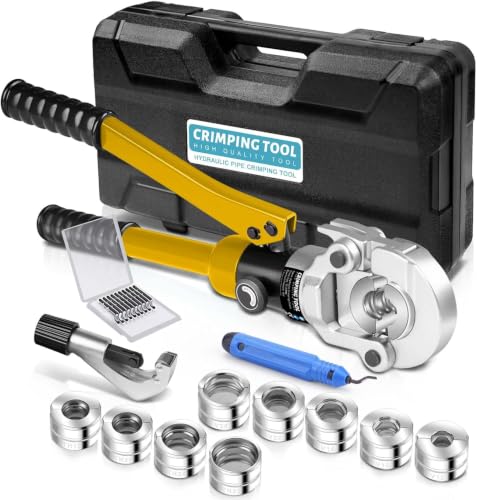Image of Hydraulic Crimping Pliers with Pipe Cutters and Deburrers, Press Tool Plumbing Ø12-28mm Copper Pipe Crimper with High Hardness CR Mold for Copper 12,15,8,22,28mm and PEX-AL-PEX 16,20,26,32mm Yellow