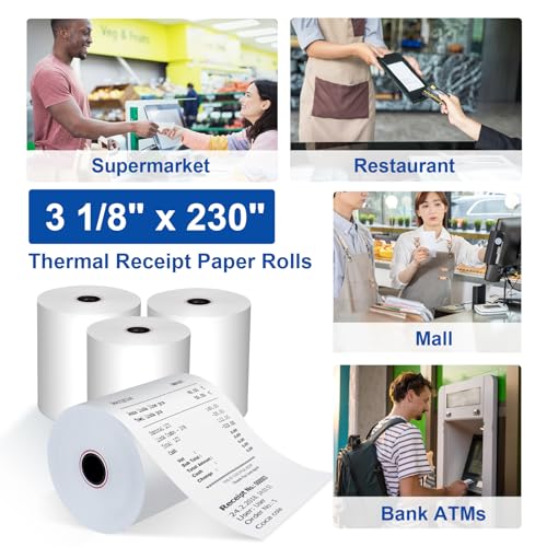 Image of (50 Rolls) 3 1 /8 x 230 Thermal Paper Receipt Rolls (55 GSM Premium Quality) Fits All POS Cash Registers BPA Free