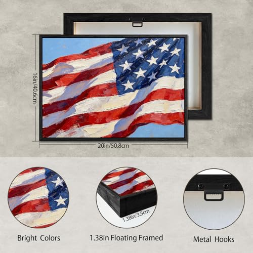 Image of American Flag Framed Canvas Wall Art, 4th of July Red White Blue Canvas Prints, USA Flag with Picture Patriotic Decorations, Modern Independence Day Wall Decor for Bedroom Living Room Office 16x20