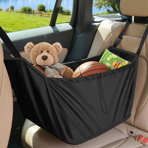 Car Seat Organizer, Large Capacity Passenger Car Seat Back Hanging Bag, Portable Foldable Collapsible Car Backseat Storage Travel Bag, Shopping Shoulder Bags, Reusable Tote with Drawstrings, Black