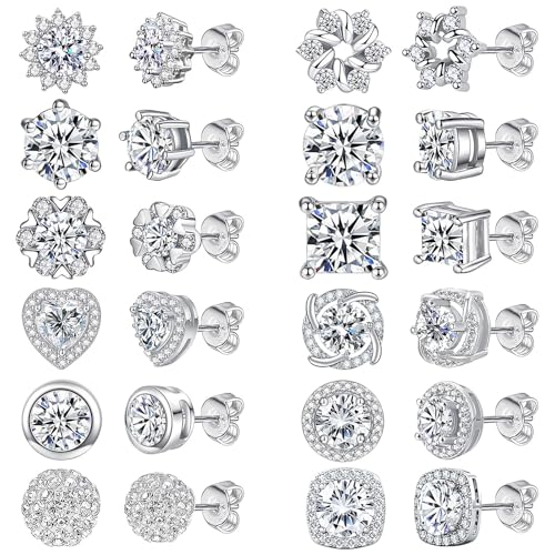 NEWITIN 12 Pairs Silver Stud Earrings for Women Hypoallergenic Earring Sterling Silver Post 316L Stainless Steel Inlaid Cubic Zirconia Studs Earring Diamond Halo Stud Earrings for Women Men