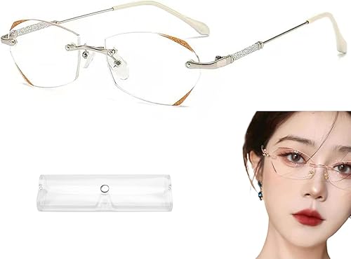 Donpidd Gafas de lectura sin montura de luz anti-azul de moda, gafas de presbicia de luz anti-azul sin montura de diamante para mujer