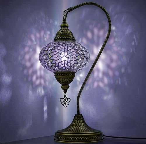 VALVELLO | Lampe Turque | Violet | Marocaine Mosaïque Col de Cygne, Veilleuse, Style Tiffany, Vintage, Lampe de Table en Verre Décorative pour Chambre,...