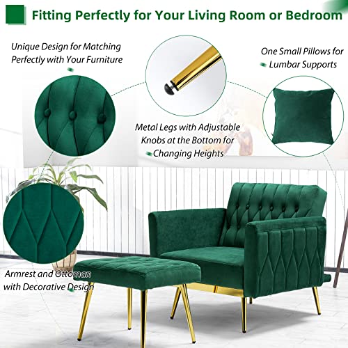 Acmease Velvet Accent Chair With Adjustable Armrests And Backrest, Button Tufted Lounge Chair, Single Recliner Armchair With Ottoman And Pillow For Living Room, Bedroom, Green #TOP4