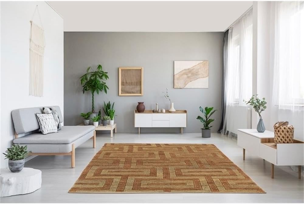 BOWERY HILL 96" x 123" Hand Knotted Rug, 100% Jute Fabric, Beige/Russet Brown Finish, Rectangle Shape, Latex Free, Country Style Indoor Area Rug for Living Room or Dining Room Use