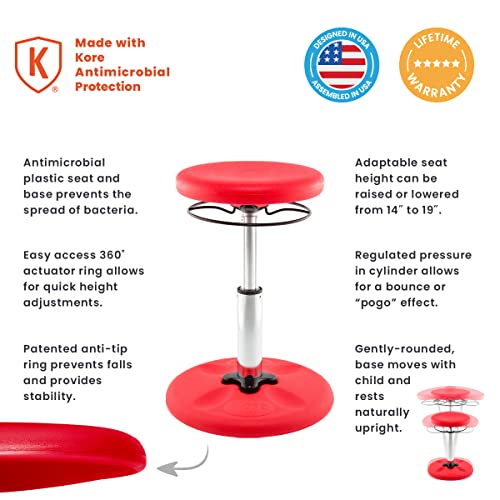 Image of Kore Kids Adjustable Wobble Stool, Ages 6-11, 14-19in Tall, Red | Flexible seating for classroom and home boosts focus, improves posture and channels energy; anti-tip base; Made in USA