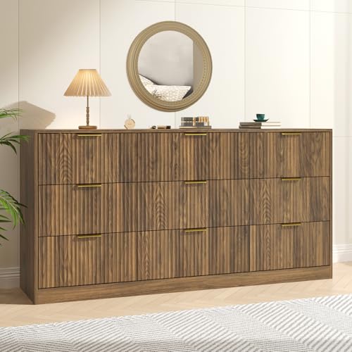Image of Fluted Wood Dresser for Bedroom,63 inch Wide 9 Drawer Dresser Mid Century Chest of Drawers Wooden with Gold Handles,Dressers TV Stand Storage Organizer for Closet,Bedroom,Living Room, Walnut