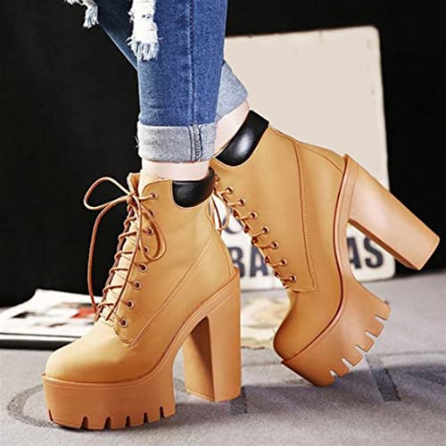 YDYCG Woman Fashion Shoes Autumn and Winter Lace Up Thick High Heel Ladies Platform Ankle Boots Women's Stage Sneakers (Color : Brown, Shoe Size : 5.5)2