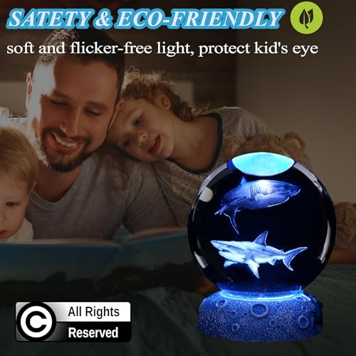 Image of Shark Night Light, 3D Crystal Ball Shark Lamp, Underwater Gifts with 16 Color Remote Upgraded 3.15 Inch Ball for Room Decor Boys Girls Birthday Xmas Cool Figurines Gifts
