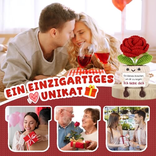 Giftasy Ich Liebe Dich Geschenke Für Frauen - Handgemachte Gehäkelte Rote Rose Mit Energiekarte, Geschenke zum Jahrestag, Hochzeitstag, Valentinstag Für Partner, Sie, Freundin, Freund