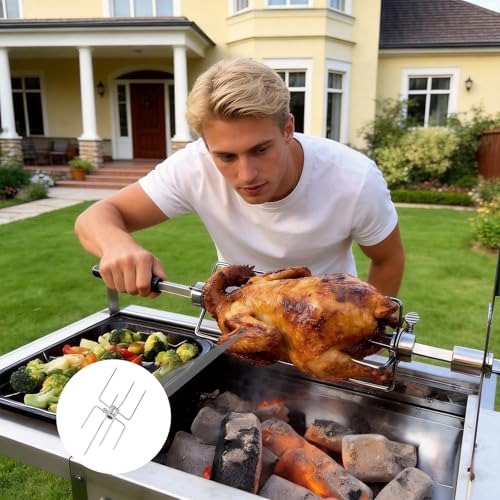 WUWENY Doppel-Fleischklammer Für Grillspieß Rotisserie Mit Vier-Backen-Design Grillgabel Für 12mm Sechskant 8mm 10mm Vierkant Spießstangen Hähnchengrill Zubehör Mit Feststellschraube Für Gasgrill