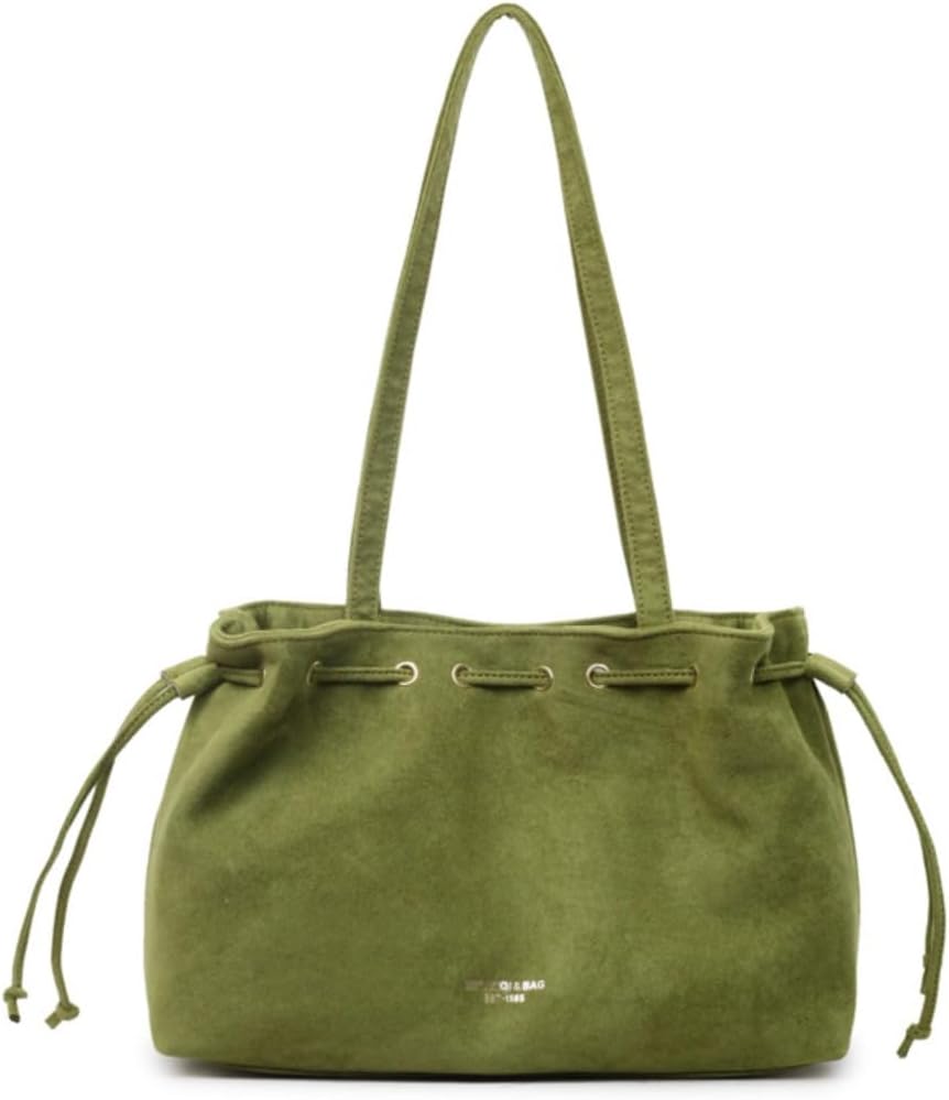 Retro Suede Bucket Purse Causal Travel College Crossbody Bag Drawstring Handbag Purse for Women Shouder Straps Tote