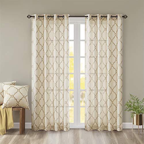 Madison Park Saratoga Rideau de fenêtre filtrant la lumière imprimé chantourné 1 Panneau à œillets pour Salon, Chambre à Coucher et dortoir, 127 x 160 cm, Beige/doré