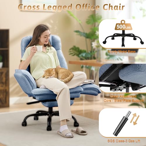 Image of Wider Seat Office Chair with Flip Armrests for Criss Cross Legged&Cats, Big and Tall Executive Ergonomic Reclining Chair with Footrest&Lumbar Pillow, Teddy Fleece Desk Chair, Blue Vanity Chair