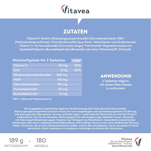 Glucosamin Chondroitin MSM – 180 Tabletten - Mit Vitamin C, Zinc, Boswellia - Für Knochen, Knorpel, Kollagenbildung - Gelenkkapseln - Laborgeprüft, Ohne Zusatzstoffe - Vitavea