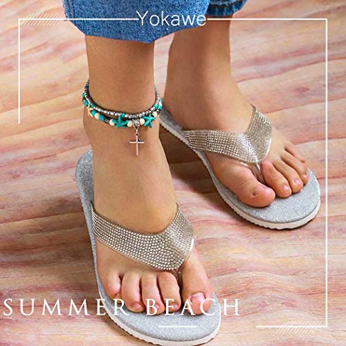 Yokawe Boho Layered Beaded Anklet Bracelets Silver Cross Turquoise Anklet Summer Beach Starfish Barefoot Sandals Foot Jewelry For Women And Teen Girls(Cross) #TOP6