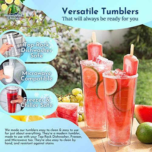Insulated Tumblers 2-Pack 12 Oz Made In Usa Great For Iced Coffee & Hot Drinks, Clear Double Wall Plastic Tumbler Cups, Microwave, Freezer & Top Rack Dishwasher Safe Reusable Cups By Homestead Choice #TOP5