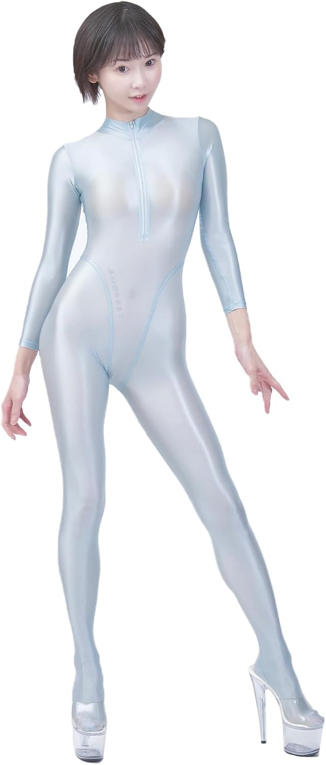AMORESY Celestia Front-Zip Sheer Catsuit, Glossy Stretch Spandex Bodysuit with Footed Design and Turtleneck