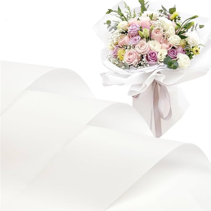 White Solid Korean Wrapping - Matte Waterproof pack of 20 sheets, 60 Microns, 58cm x 58cm, Perfect for Bouquets, Flower Wrapping, and Gift Packs | Get 3 Free Pull Bow Ribbons!