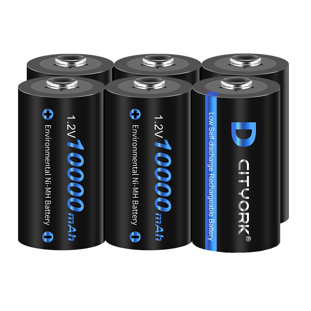 CITYORK 10 000 mAh 1,2 V Ni-MH D Piles Rechargeables Haute capacité Parfaites pour Une Utilisation Quotidienne et Professionnelle Comprend Un étui à Piles – Lot de 6