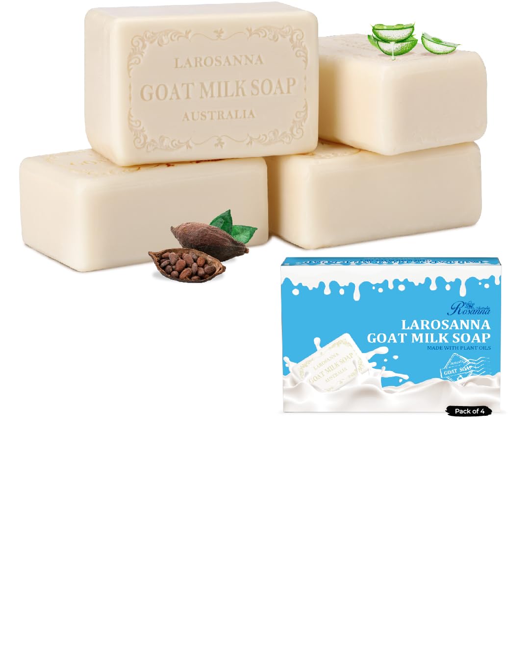Australian Goat Milk Soap,Helps Moisturize,Smooth & Cleanse Skin,Triple-milled Bar Soap with Cocoa Butter,Aloe Vera and Pure Plant Oil,Body Soap Bars 6.3 oz for Adults & Babies,Pack of 4