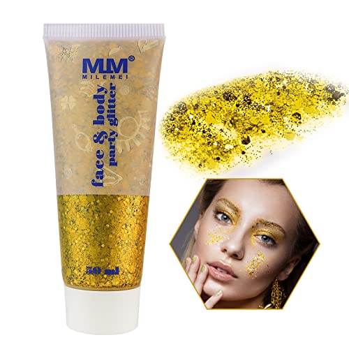 Glitzer Gesicht, Glitzergel für Körper, Meerjungfrau Funkelnde Pailletten Klobiger Körperglitzer Flüssigkeit für Kosmetik Gesicht Lippen Nagel Haar, für Festival Schminken, Party, Makeup (Gold 50ml)