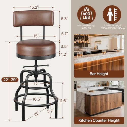 Image of Raynesys 22-29 Inch Adjustable Height Swivel Bar Stools with Back Set of 2